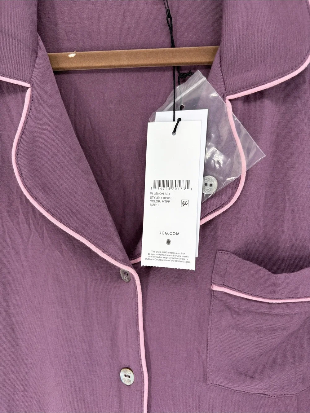 NWT UGG Lenon Set Purple Long-Sleeve Pajama with Contrast Piping L